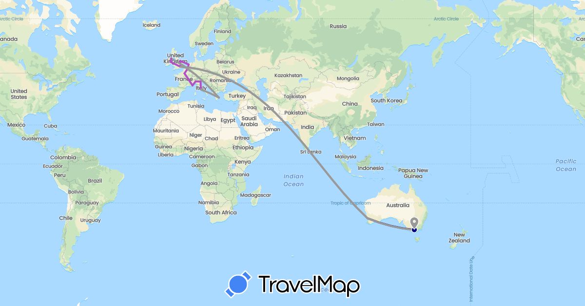 TravelMap itinerary: driving, plane, train in Australia, Belgium, France, United Kingdom, Greece, Ireland, Italy, Netherlands (Europe, Oceania)